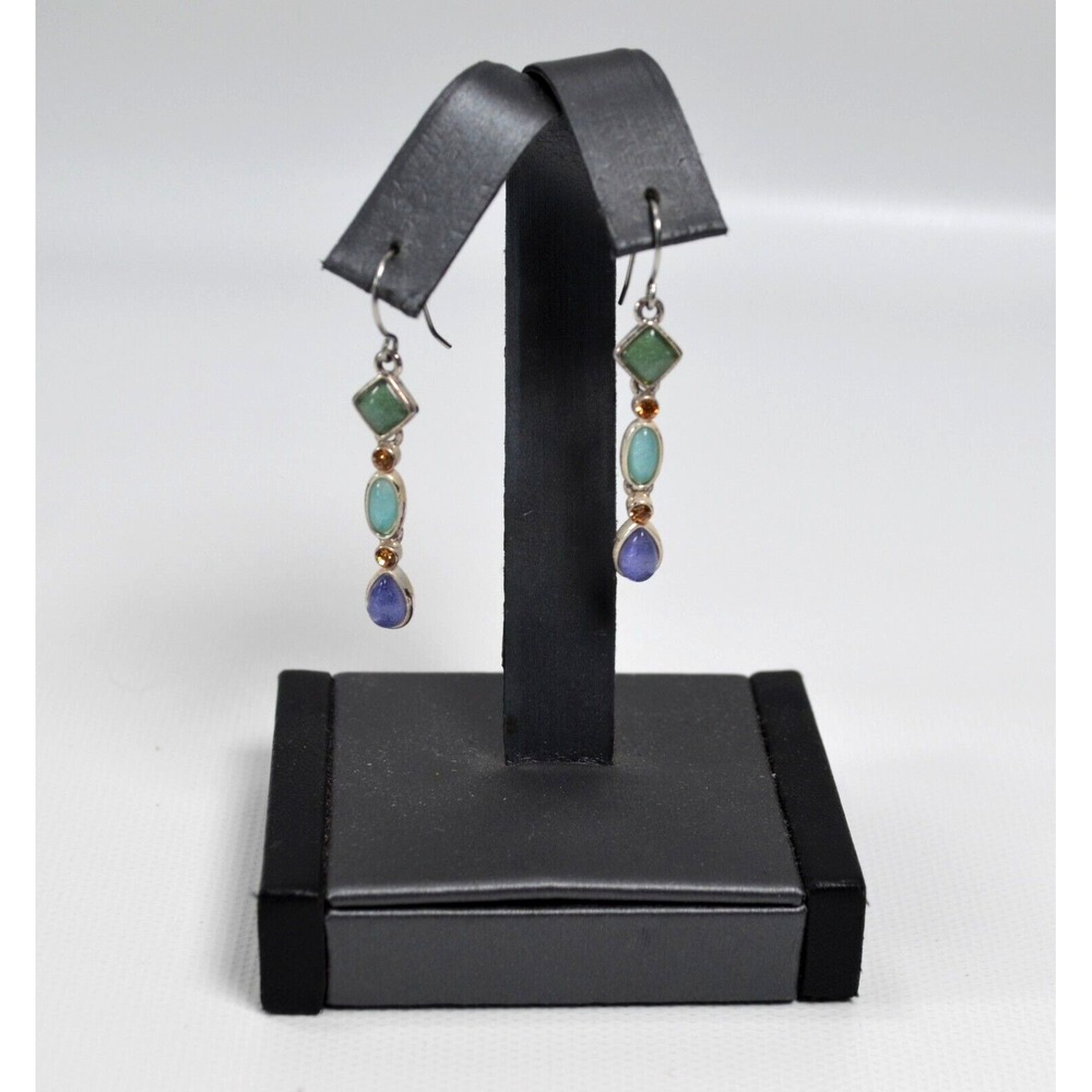 LC Silver Tone Hook Dangle Pierced Earrings w/ Blue Green Blue Purple Ctr 1.75"